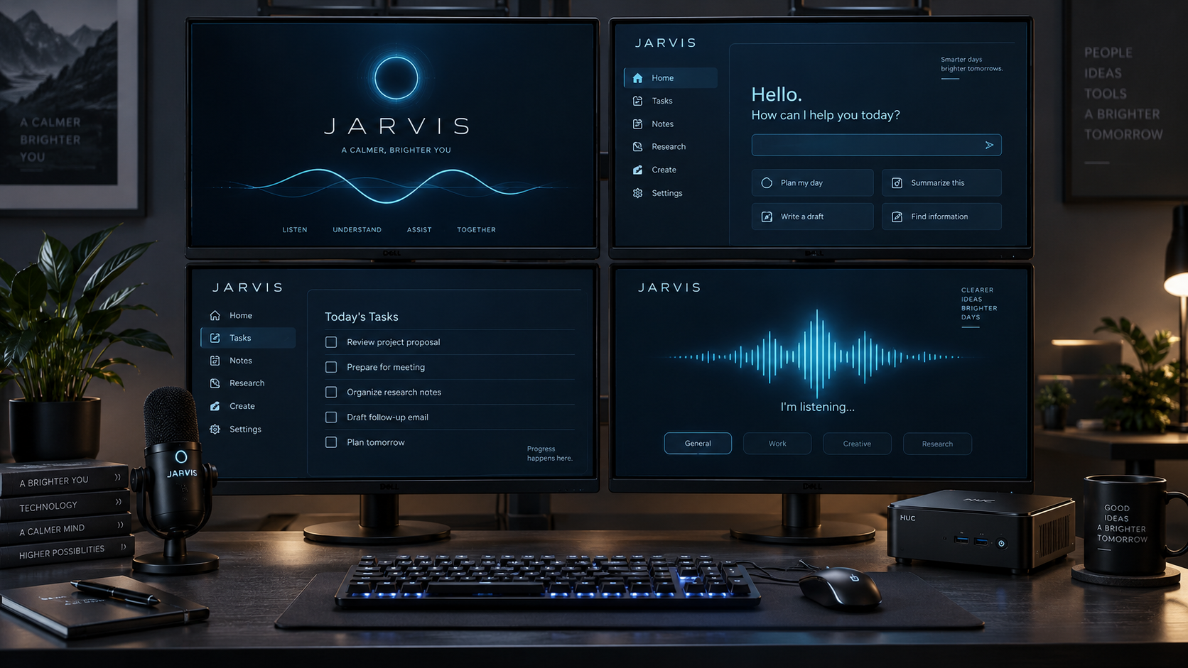 Jarvis 語音助理概念圖：NUC 迷你電腦與四螢幕桌面